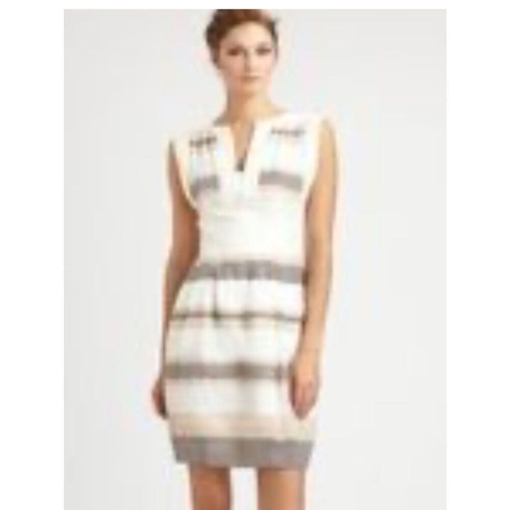 Armani Collezioni Sleeveless Striped Mini Dress in Ecru, Taupe and Gray